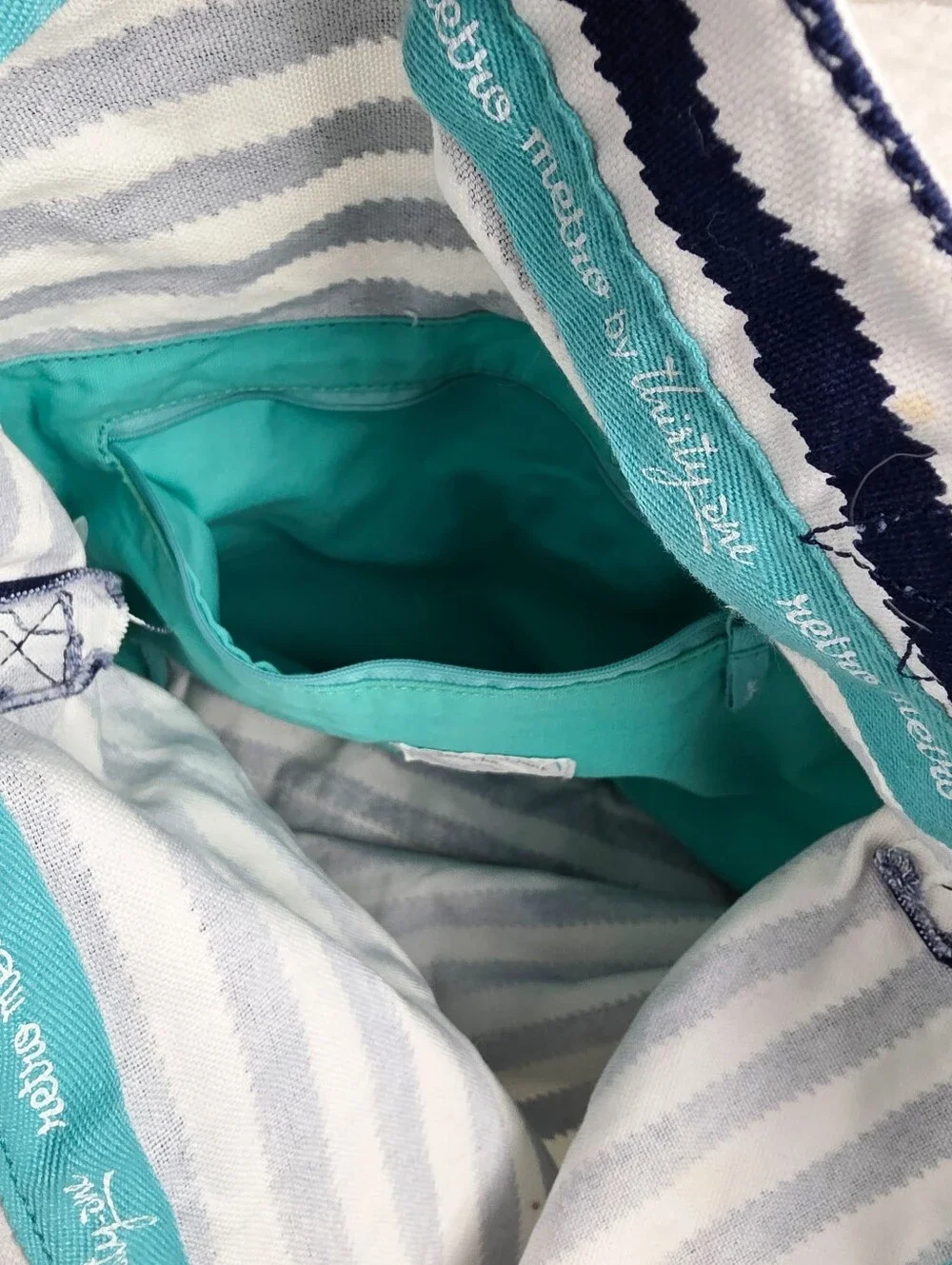Thirty-One Retro Metro Navy and White Striped Tote Bag